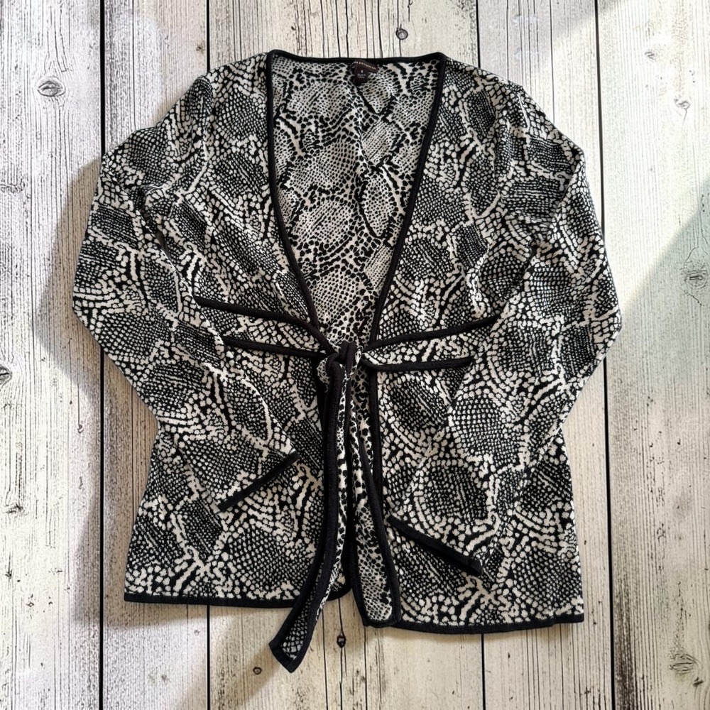Dana Buchman Womens Snakeskin Print Cotton Knit Tie Front Cardigan Sweater Small